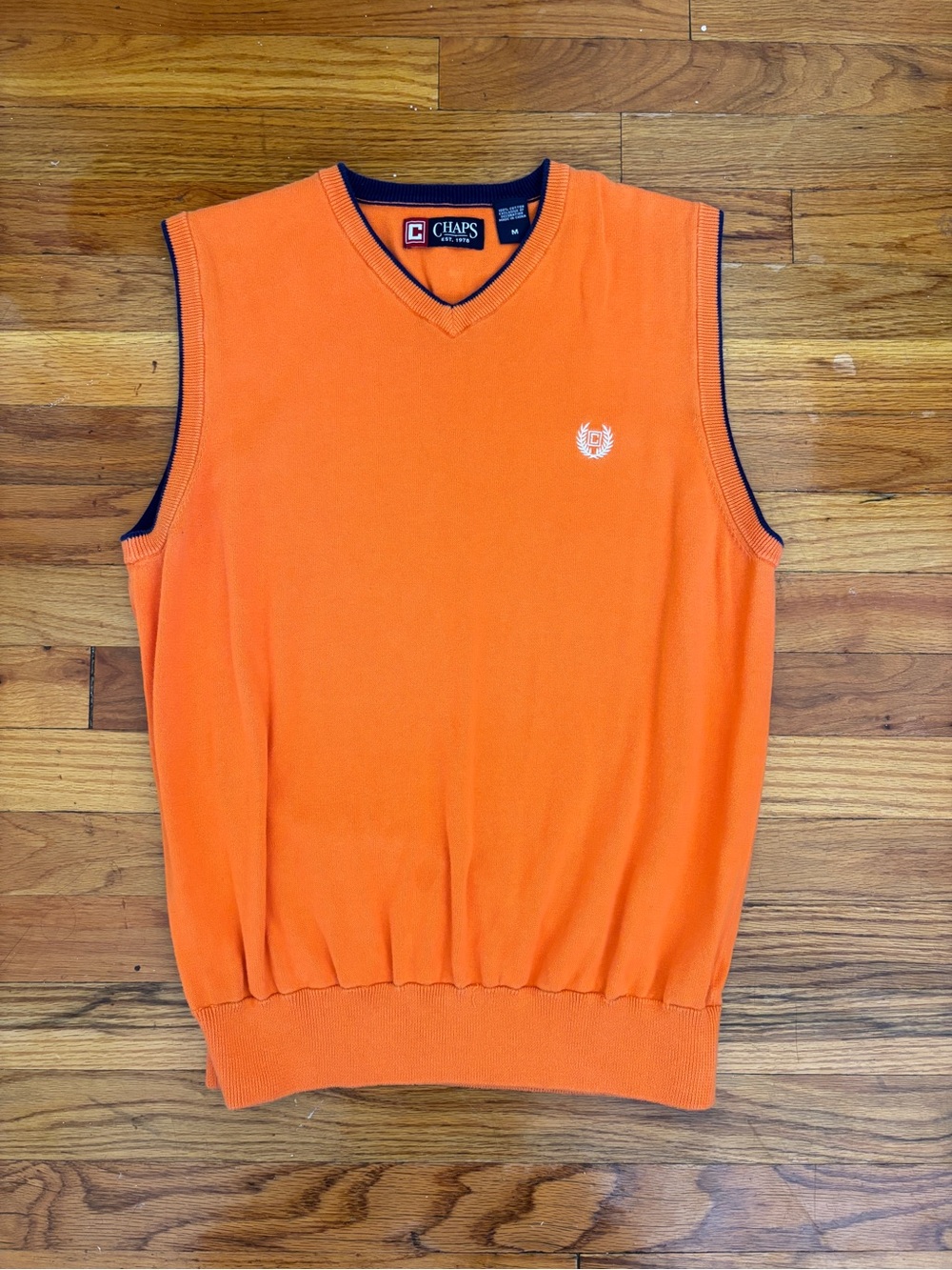 Chaps Men's Orange V-Neck Sweater Vest with Navy Trim
